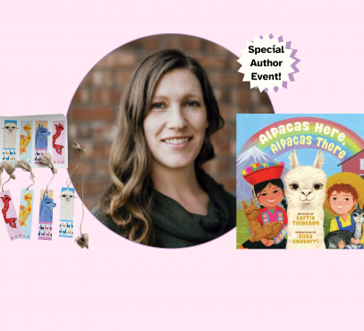 image if author, Carrie Wales Tillitson, image of alpaca bookmarkers and book cover for alpacas here, alpacas there book