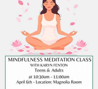 Woman in meditative pose with relaxed expression and pink lotus flowers and petals framing her body