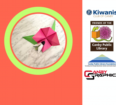 Image of origami flower and bee and support group logos.