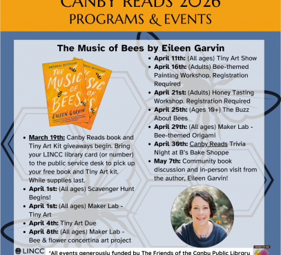 Blue background with black honeycomb line design and a photo of Music of Bees cover and of author Eileen Garvin