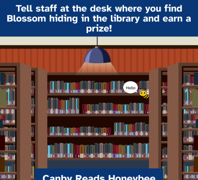 Illustration of library shelves full of books with tiny bee hiding behind one shelf and saying "hello".