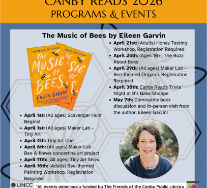 Blue background with black honeycomb overlay, bright yellow The Music of Bees book cover, and image of the author
