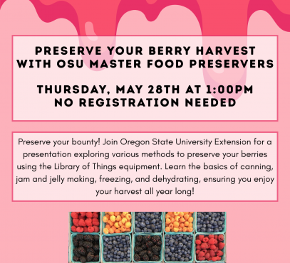 Pink ground with photo of pints of blue, red, and yellow colored berries
