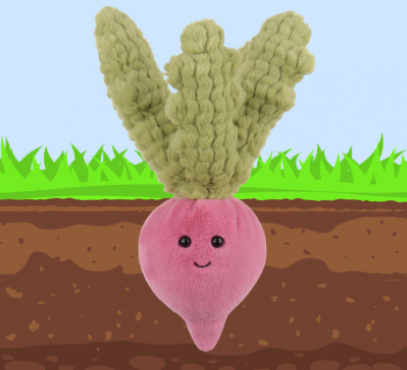 Image of a pink plushie radish planted in the ground.